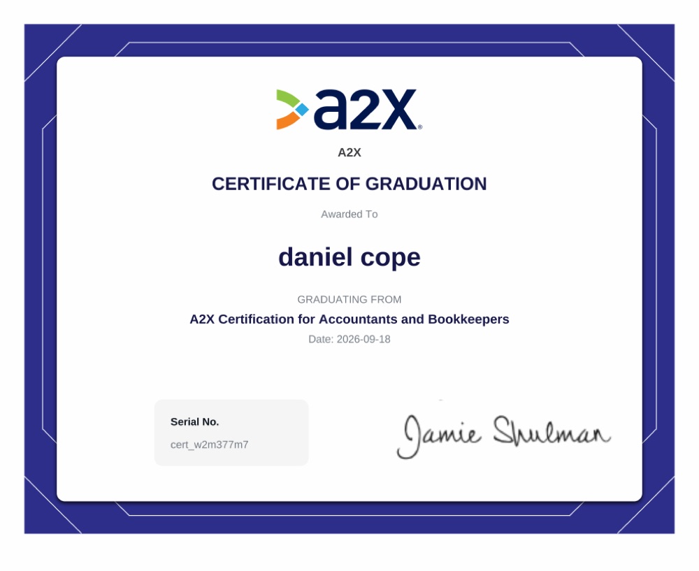 A2X Certificate of Graduation awarded to Daniel Cope, A2X Certification for Accountants and Bookkeepers, dated 2026-09-18, serial cert_w2m377m7