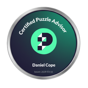 Certified Puzzle Advisor badge issued to Daniel Cope, March 16, 2026