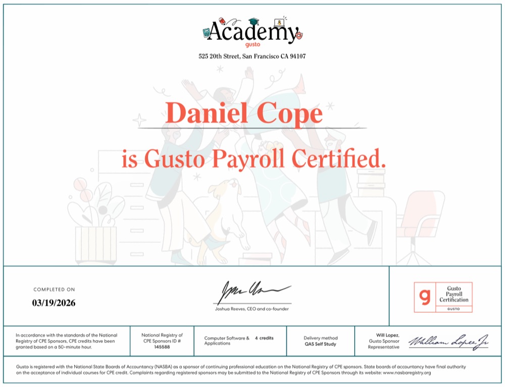 Gusto Academy certificate: Daniel Cope is Gusto Payroll Certified, completed 03/19/2026, 4 CPE credits
