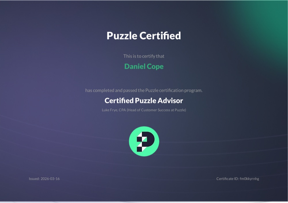 Puzzle Certified certificate: Daniel Cope, Certified Puzzle Advisor, issued 2026-03-16, certificate ID fm0kkyrnhg